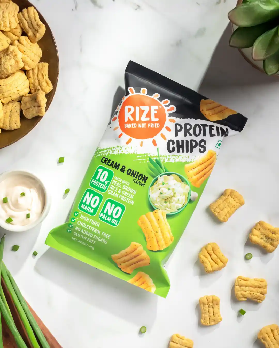 RizeBar Cream & Onion Protein Chips 10g Protein 40g Pack 100% Authentic Fitbee India