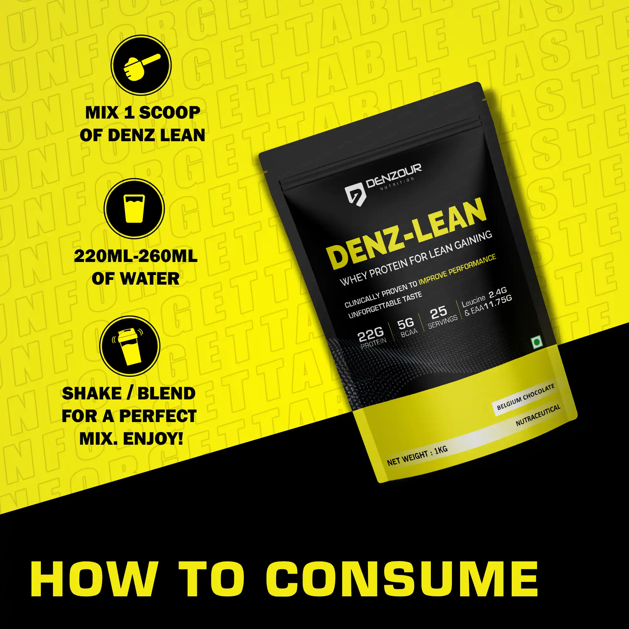 Denzour Nutrition Denz-Lean Whey Protein Belgium Chocolate 1kg Pack
