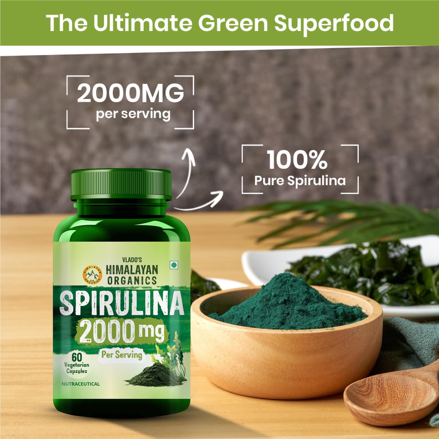 Vlados Himalayan Organics Spirulina 2000mg Supplement 60 Vegetarian Capsules