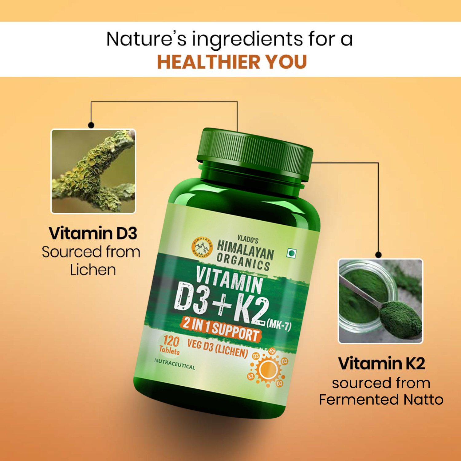 Vlado’s Himalayan Organics Vitamin D3 K2 MK7 120 Veg Tablets for immunity & bones on Fitbee India