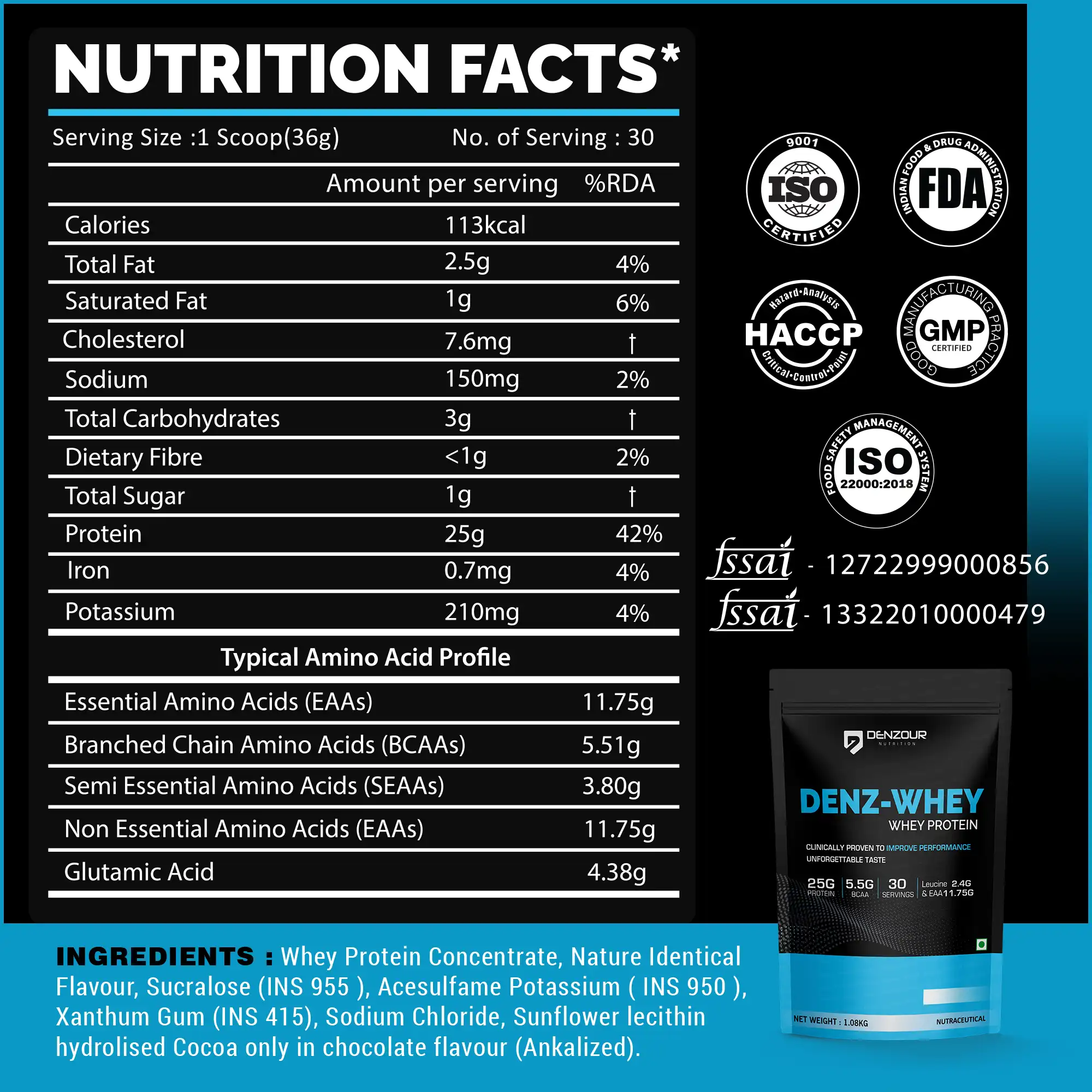 Denzour Nutrition Denz-Whey Protein Powder Pistachio Kulfi Flavor 1.08kg Canister