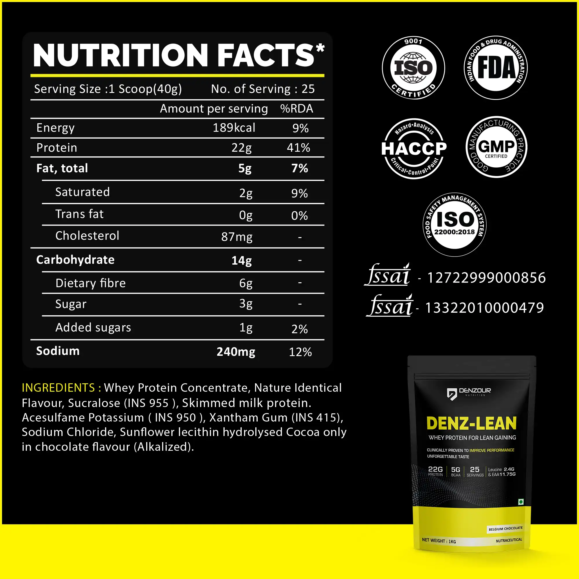 Denzour Nutrition Denz-Lean Whey Protein Belgium Chocolate 1kg Shaker Bottle