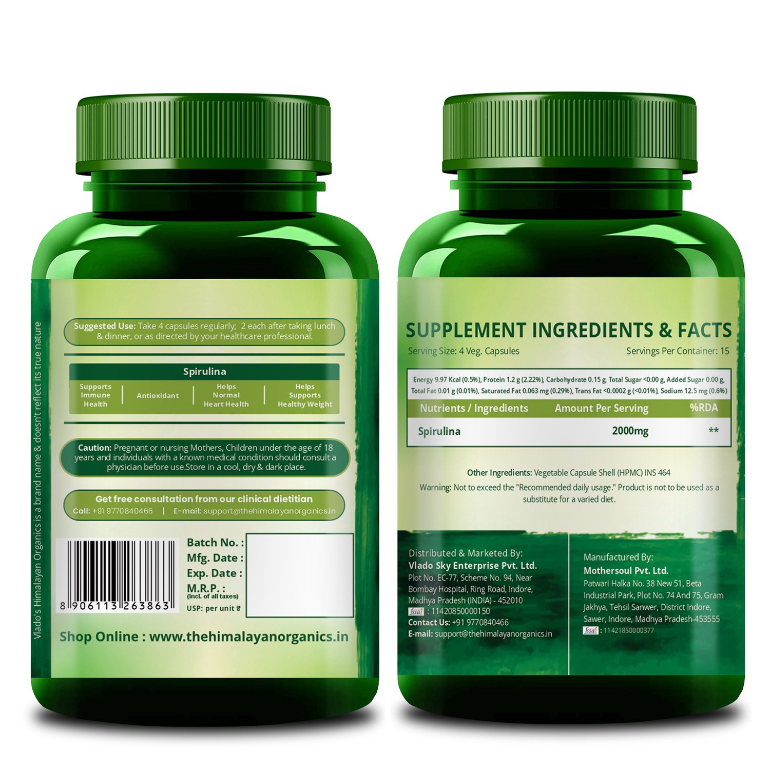 Vlados Himalayan Organics Spirulina 2000mg Green Superfood Capsules