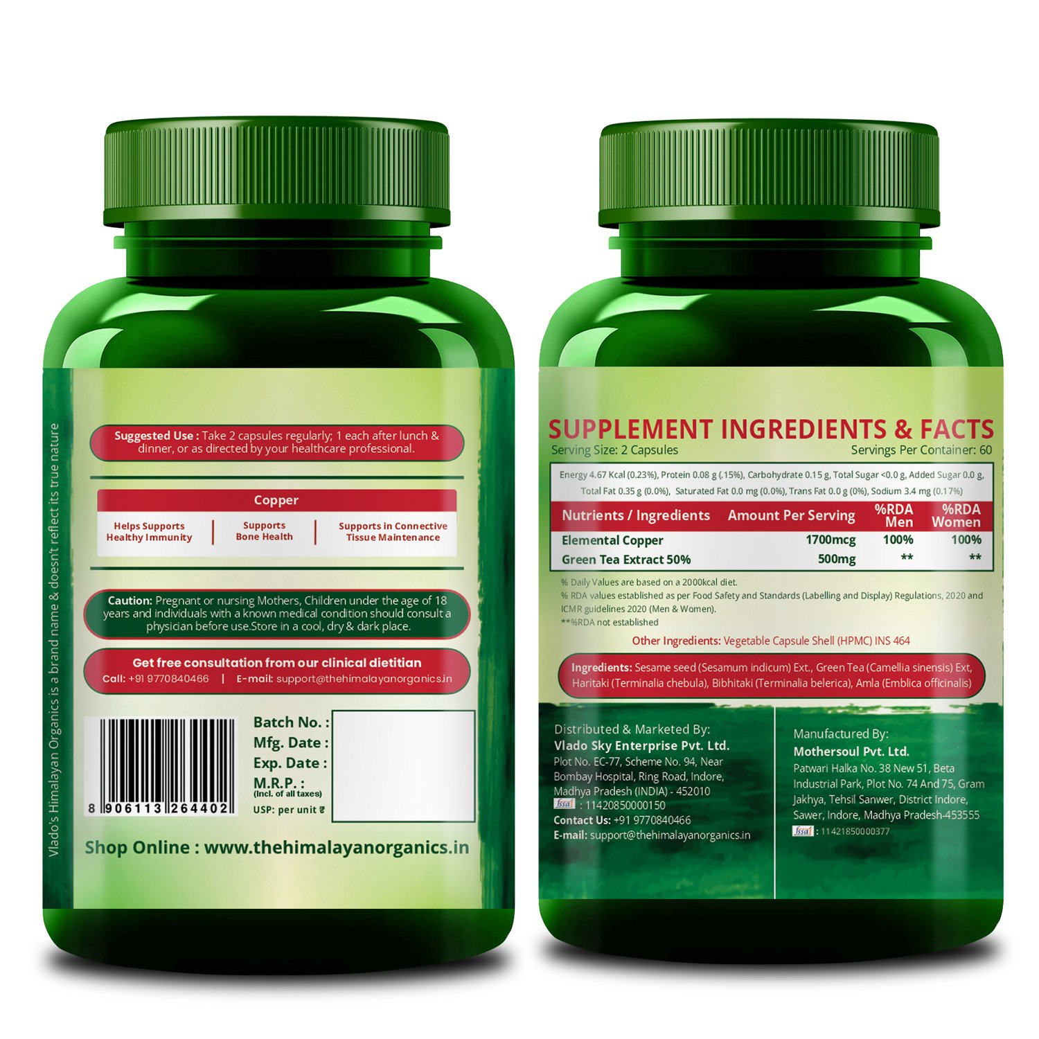 Vlado’s Himalayan Organics Plant Based Copper 1700mcg Supplement with Green Tea Extract | Support Connective Tissues | Good For Bone Health - 120 Veg Capsules - Image 2