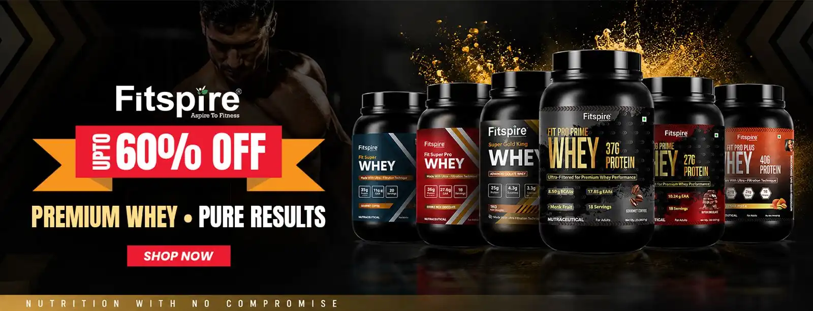Fitspire Premium Whey Protein supplements range banner offering UP TO 60% OFF with tagline Premium Whey Pure Results - Shop at fitbee.in
