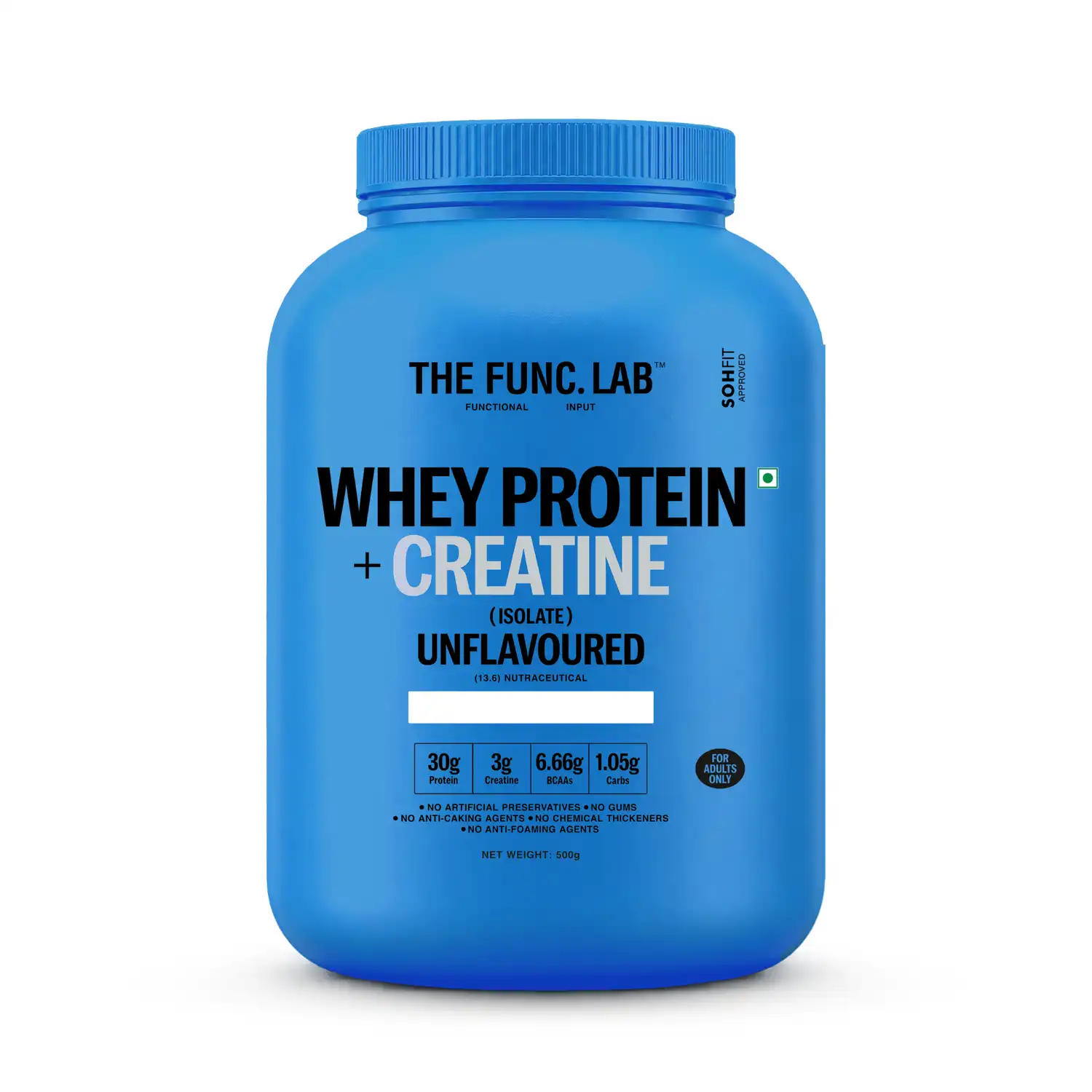 The Func. Lab CreaProtein Whey Protein Isolate Unflavoured 500 g | Premium 30g Whey Isolate + 3g Creatine Per Serving, 6.66g BCAAs & Zero Sugar