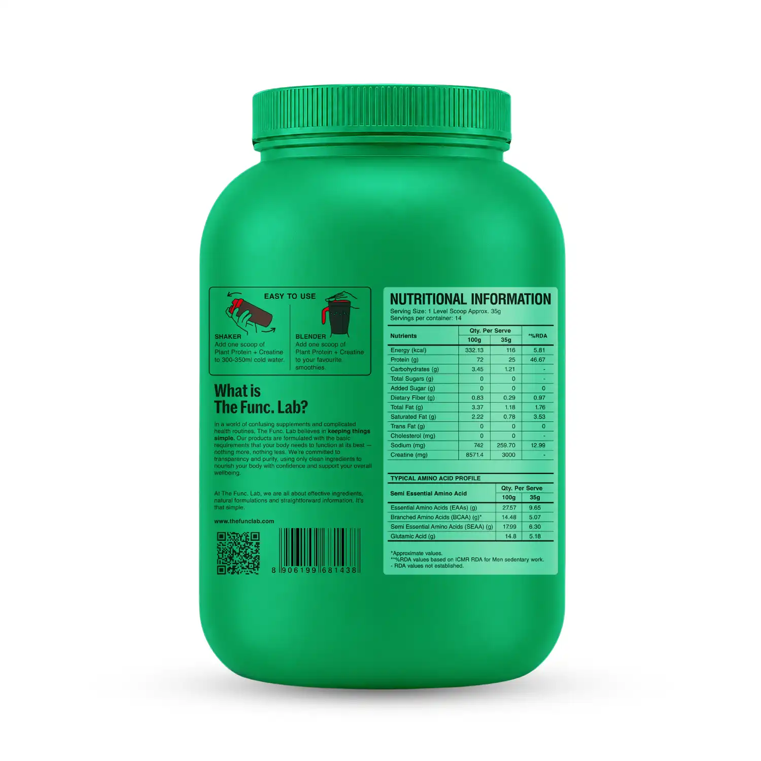 The Func. Lab CreaProtein Plant Protein Powder Chocolate 500 g | Premium 25g Plant Protein + 3g Creatine Per Serving, Real Cocoa, Himalayan Pink Salt & Zero Sugar - Image 3