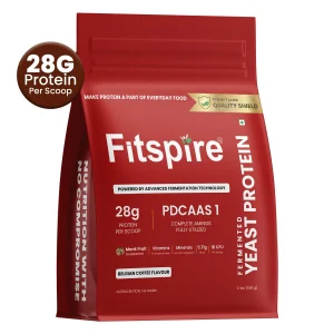 Fitspire Fermented Yeast Protein Powder (Belgian Coffee, 500g) | Premium 28g Protein Per Scoop with Digestive Enzymes & Probiotics